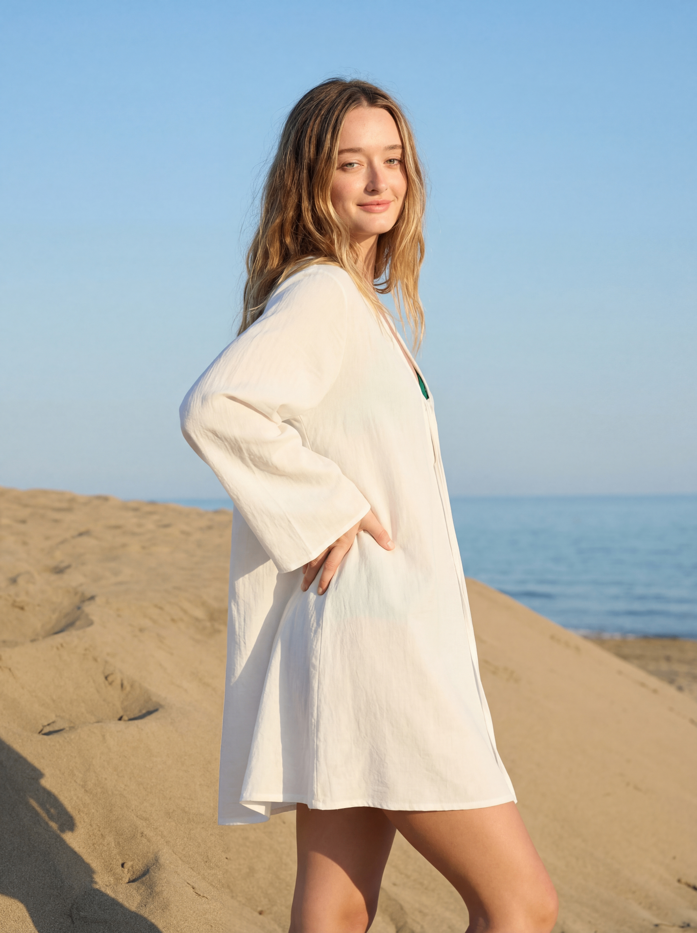 Девушка в белой тунике, боковой ракурс, песчаная дюна, море и голубое небо